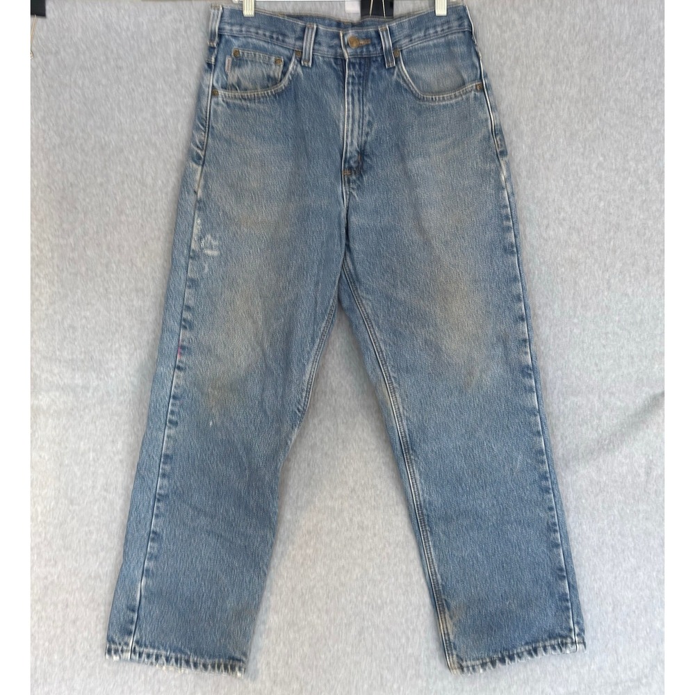 Carhartt Flannel Lined Jeans Mens 31x28 Light Wash Blue Plaid Relaxed Fit Stains